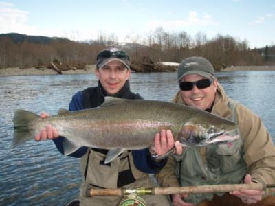 The photo of the week shows Mike Pashniak and Rob Keating of Alberta with a Steelhead caught with a Spey fly rod on the Kitimat River. More details and another photo below.  Photos courtesy of their guide Ron Wakita